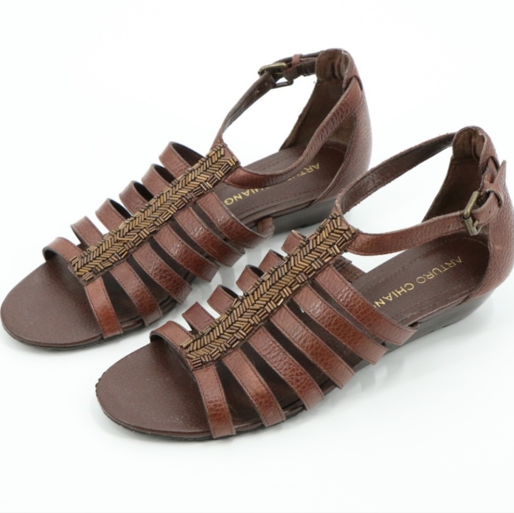 Arturo Chiang Brown Leather Beaded Strappy Gladiator Wedge Sandals 6